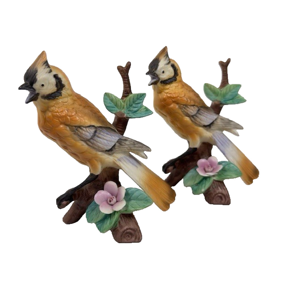 UCGC Cedar Waxwing bird Figurine on branch w/flower Set of 2 Vintage